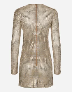 Short dress with all-over rhinestone embellishment on tulle