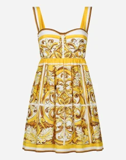 Short dress with corset bodice in majolica-print cotton poplin