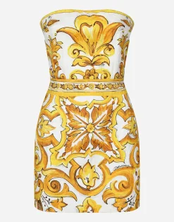 Short dress with corset bodice in majolica-print brocade
