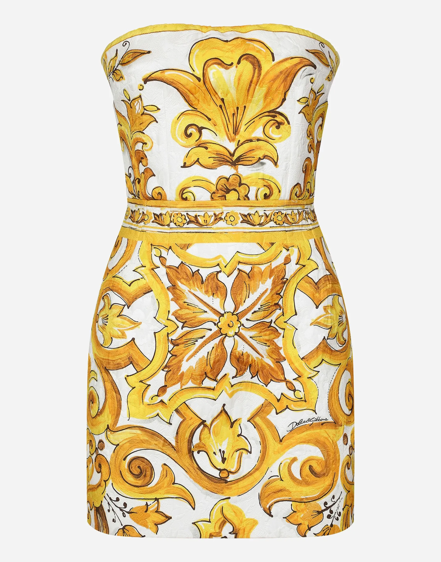 Short dress with corset bodice in majolica-print brocade