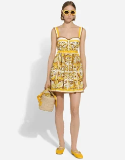 Short dress with corset bodice in majolica-print cotton poplin