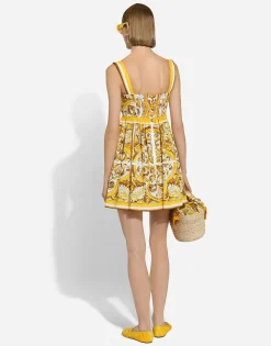 Short dress with corset bodice in majolica-print cotton poplin