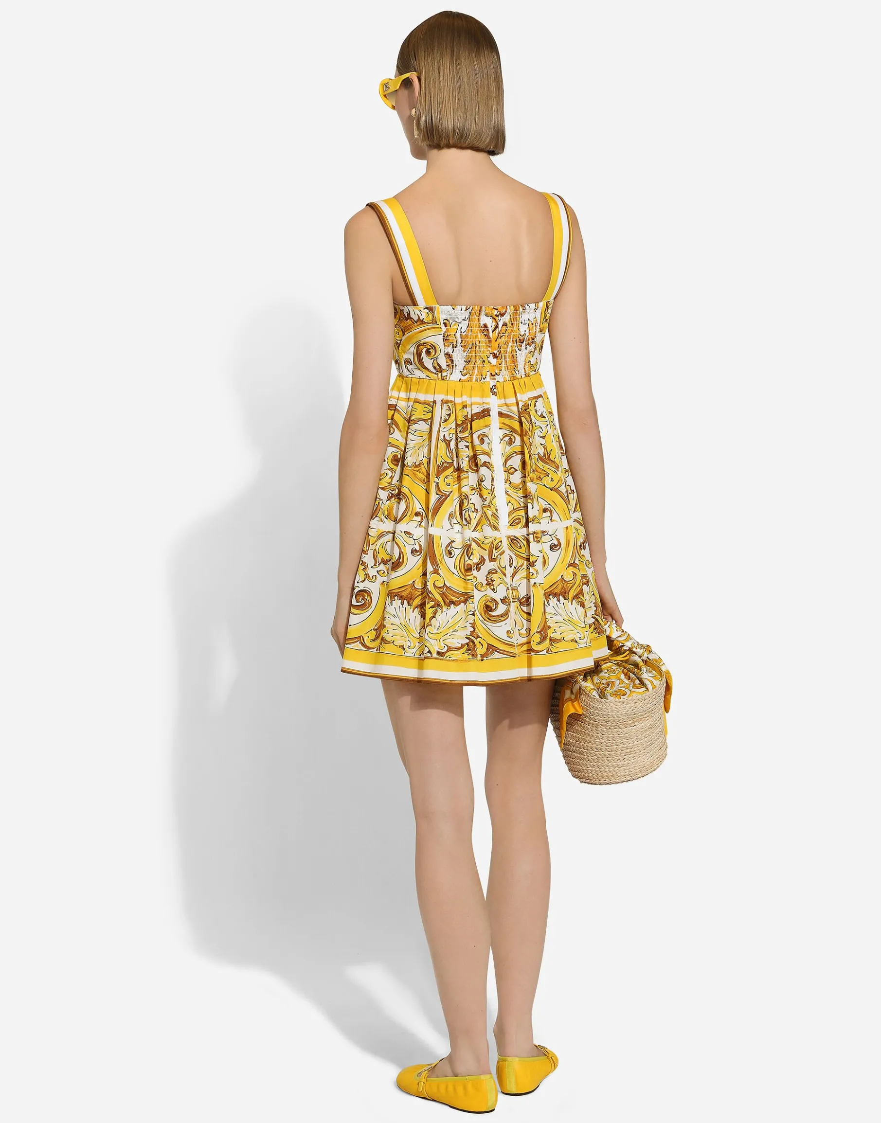 Short dress with corset bodice in majolica-print cotton poplin