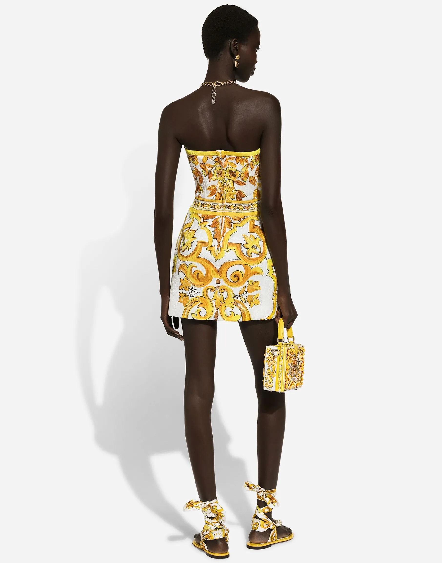 Short dress with corset bodice in majolica-print brocade