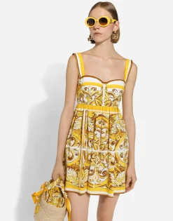 Short dress with corset bodice in majolica-print cotton poplin