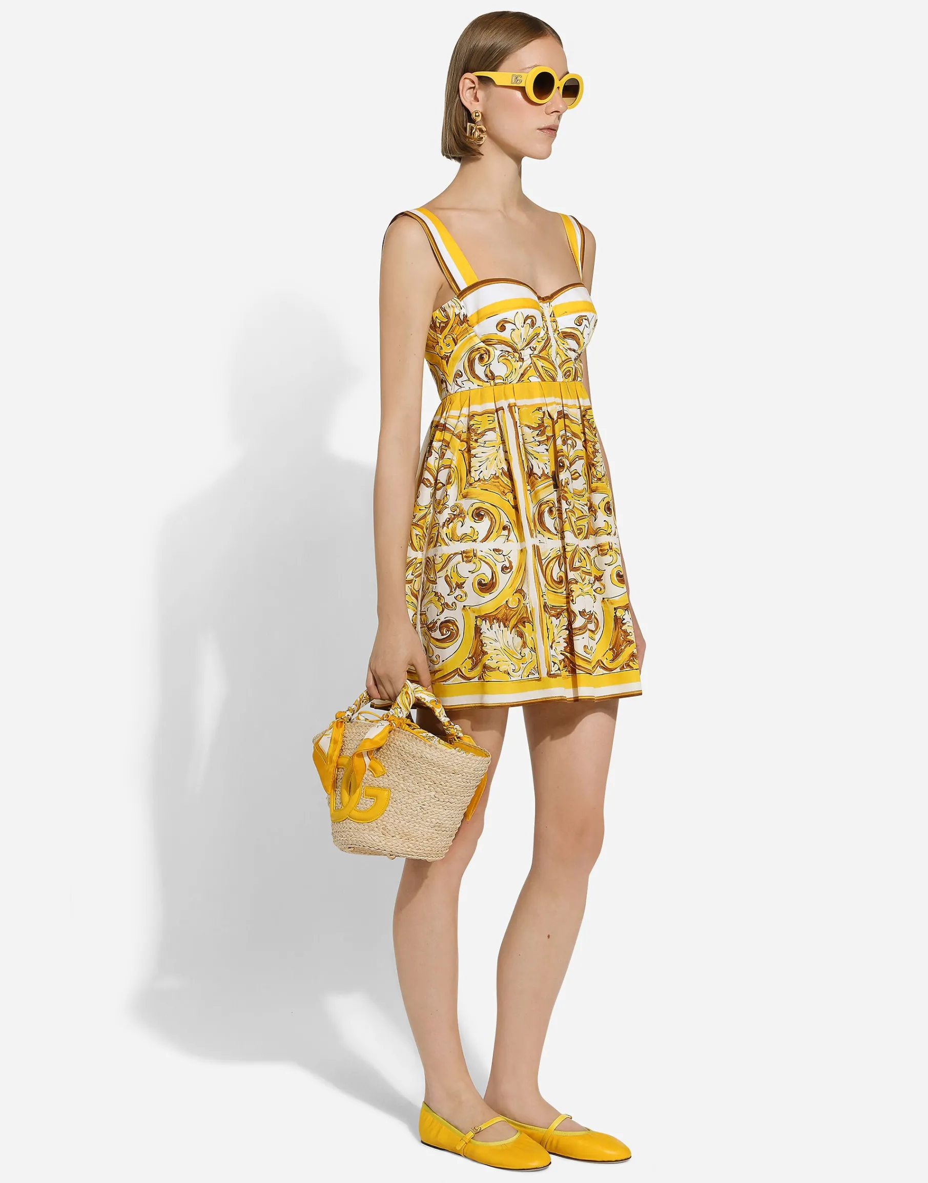Short dress with corset bodice in majolica-print cotton poplin