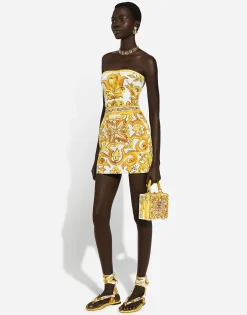 Short dress with corset bodice in majolica-print brocade
