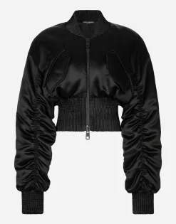 Short duchesse bomber jacket with draped sleeves