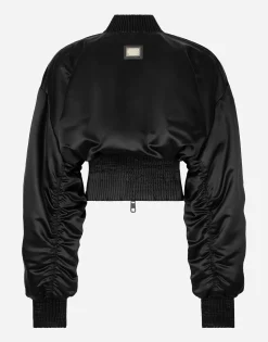 Short duchesse bomber jacket with draped sleeves
