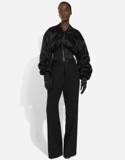 Short duchesse bomber jacket with draped sleeves