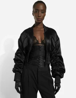 Short duchesse bomber jacket with draped sleeves