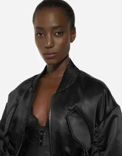 Short duchesse bomber jacket with draped sleeves