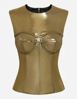 Short foiled satin corset top