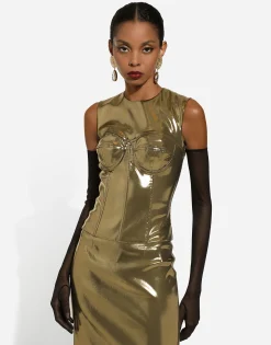 Short foiled satin corset top