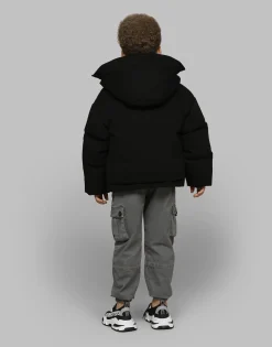 Short jersey down jacket with branded tag