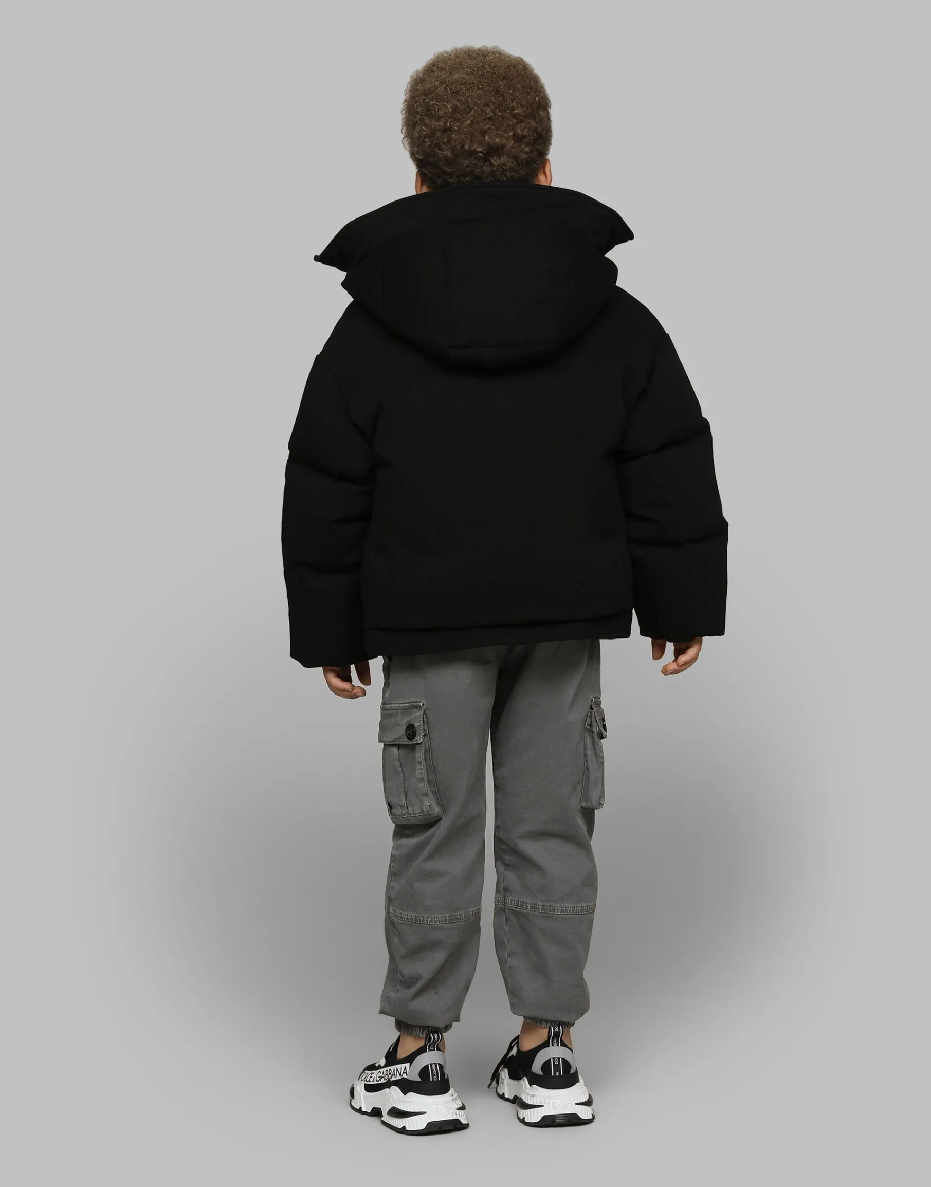 Short jersey down jacket with branded tag