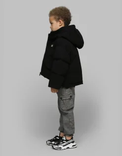 Short jersey down jacket with branded tag