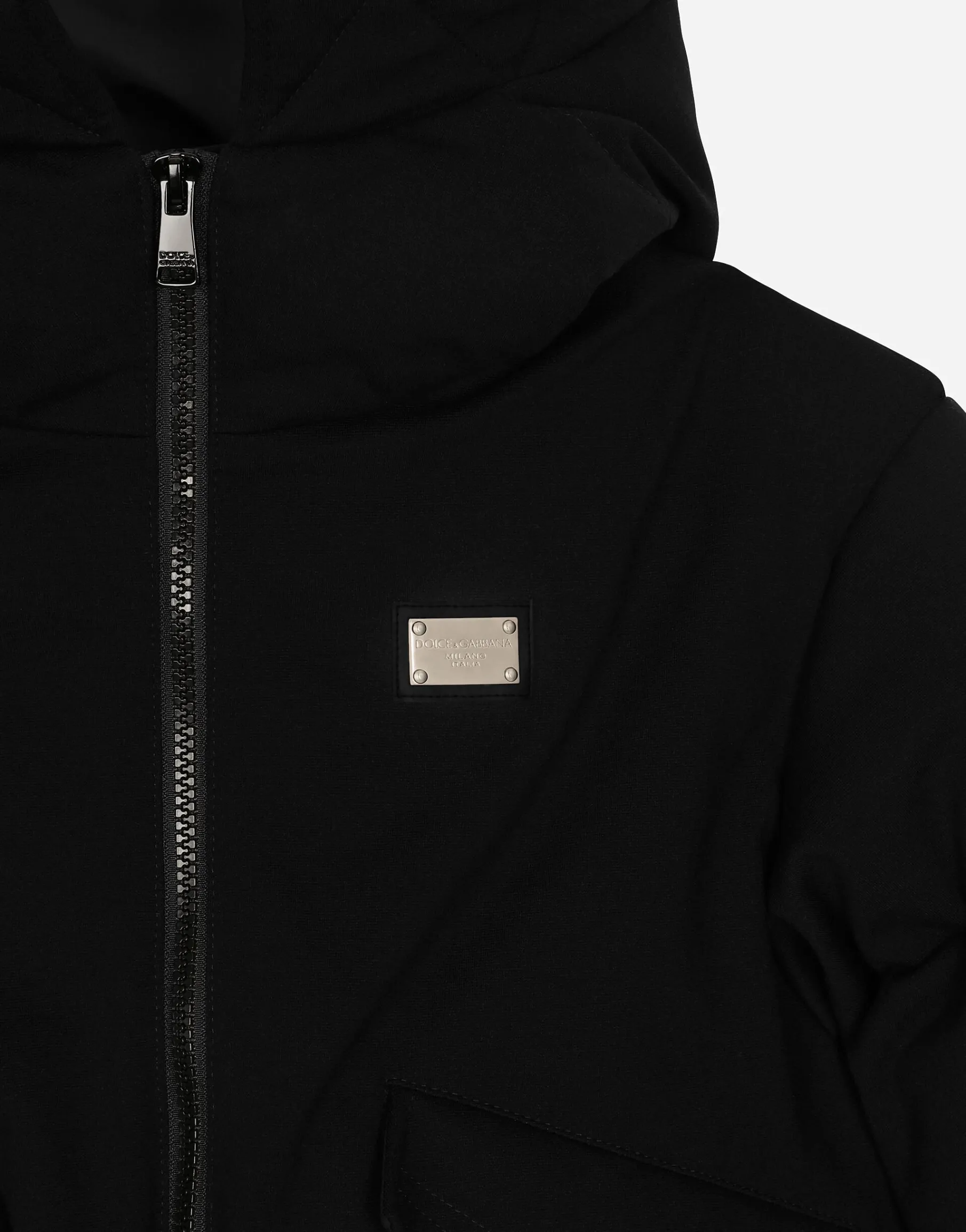 Short jersey down jacket with branded tag
