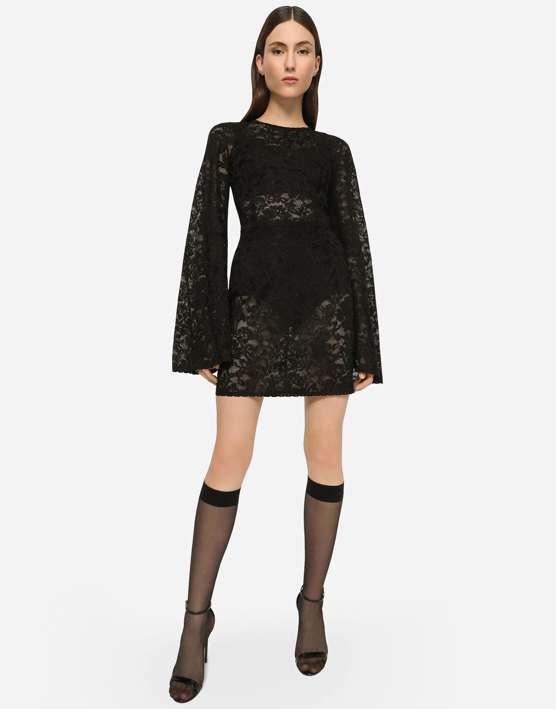 Short lace-stitch dress with full sleeves