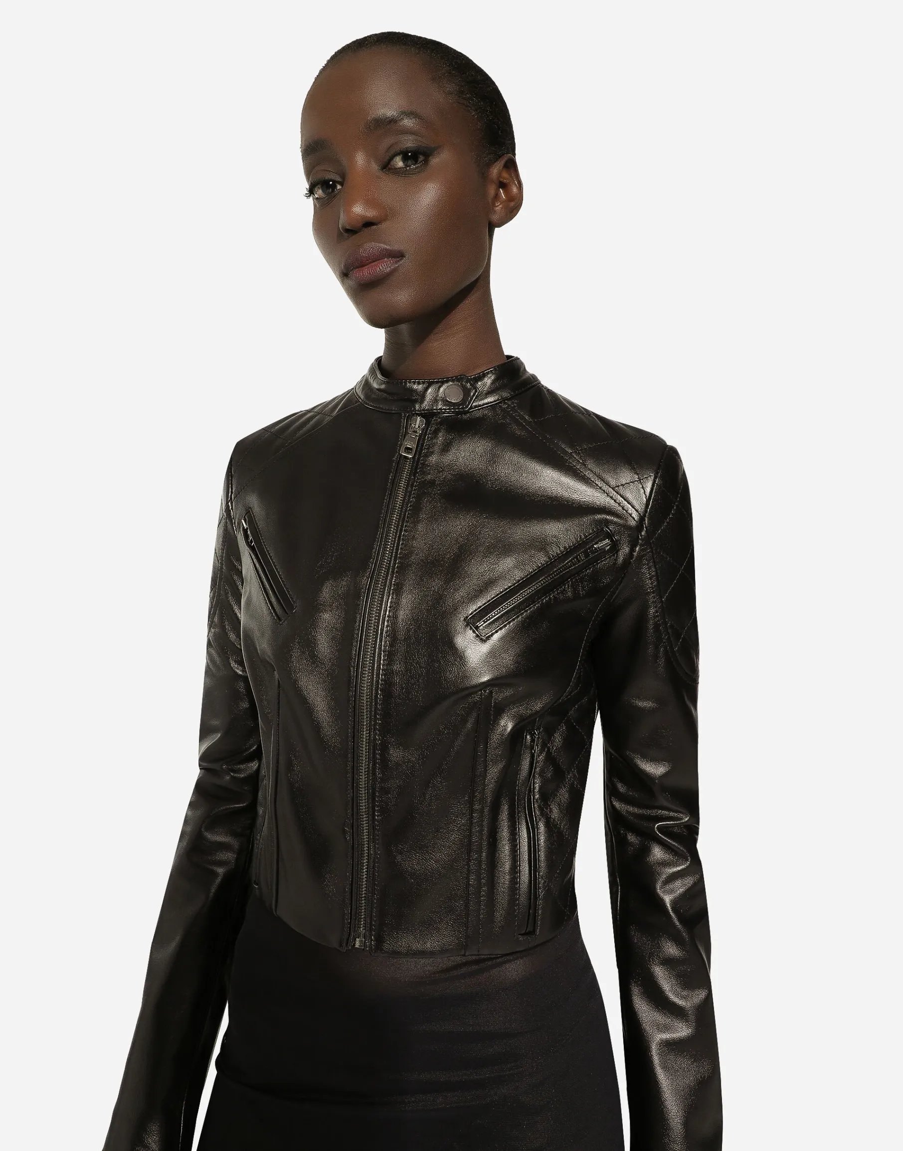 Short leather biker jacket