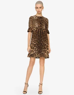 Short leopard-print cady dress