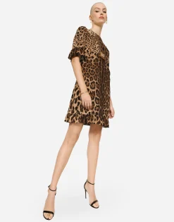 Short leopard-print cady dress