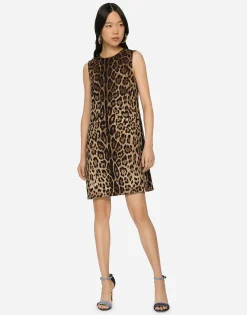 Short leopard-print charmeuse A-line dress