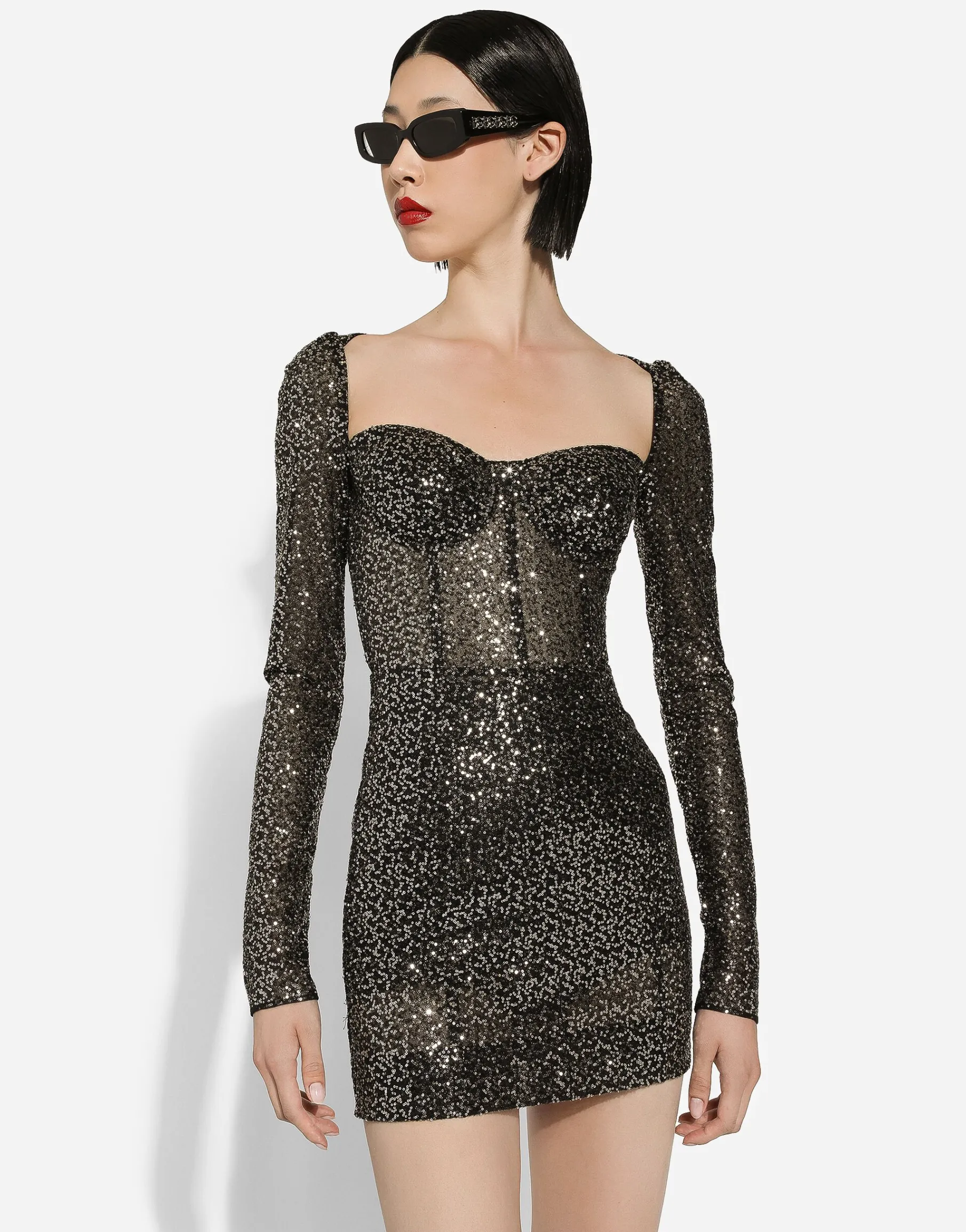 Short long-sleeved sequined corset dress