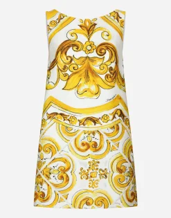 Short majolica-print brocade dress