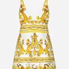 Short majolica-print brocade dress with straps