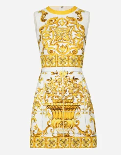 Short majolica-print brocade dress
