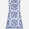 Short majolica-print brocade dress