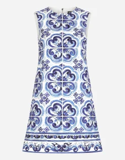Short majolica-print brocade dress