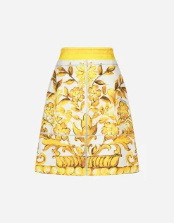 Short majolica-print brocade skirt