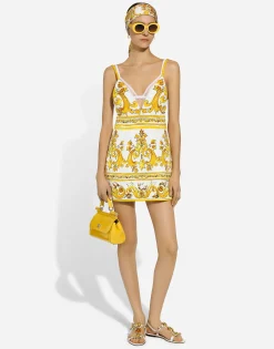 Short majolica-print brocade dress with straps
