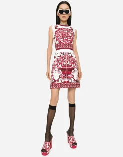 Short Majolica-print brocade dress