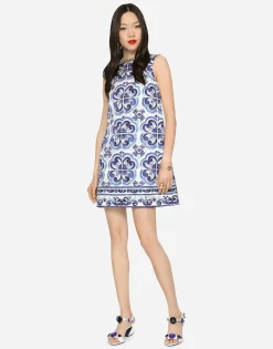 Short majolica-print brocade dress