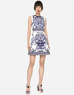 Short majolica-print brocade dress
