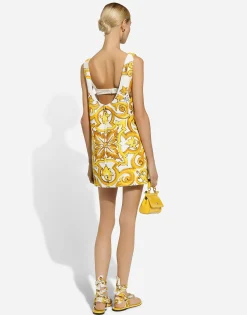 Short majolica-print brocade dress