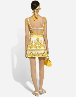 Short majolica-print brocade dress with straps