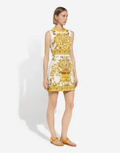 Short majolica-print brocade dress