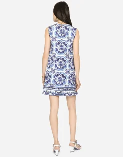 Short majolica-print brocade dress