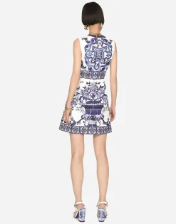 Short majolica-print brocade dress