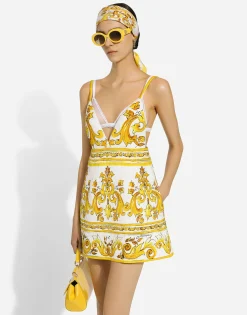 Short majolica-print brocade dress with straps