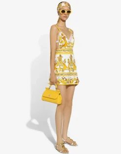 Short majolica-print brocade dress with straps
