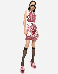 Short Majolica-print brocade dress