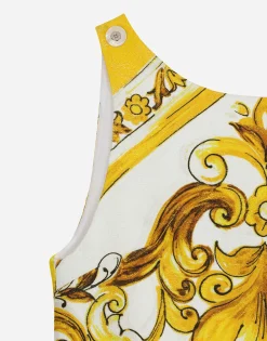 Short majolica-print brocade dress