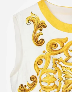 Short majolica-print brocade dress
