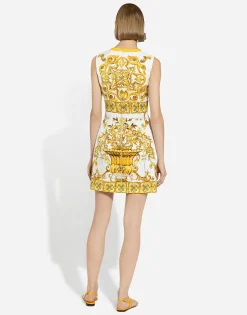 Short majolica-print brocade dress