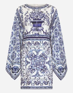 Short majolica-print charmeuse dress